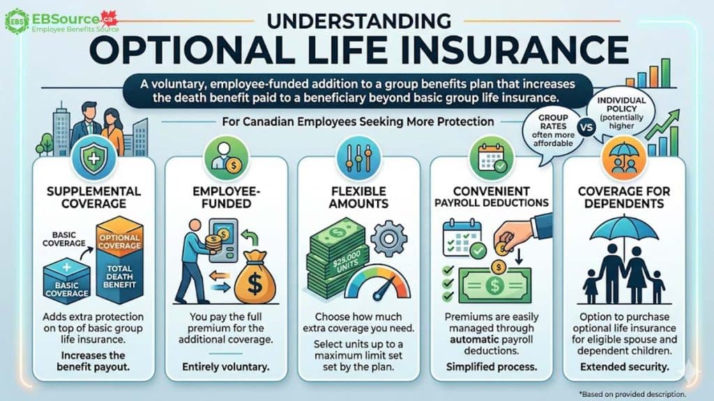 Optional life insurance is extra life insurance you can choose through your employer’s benefits plan.