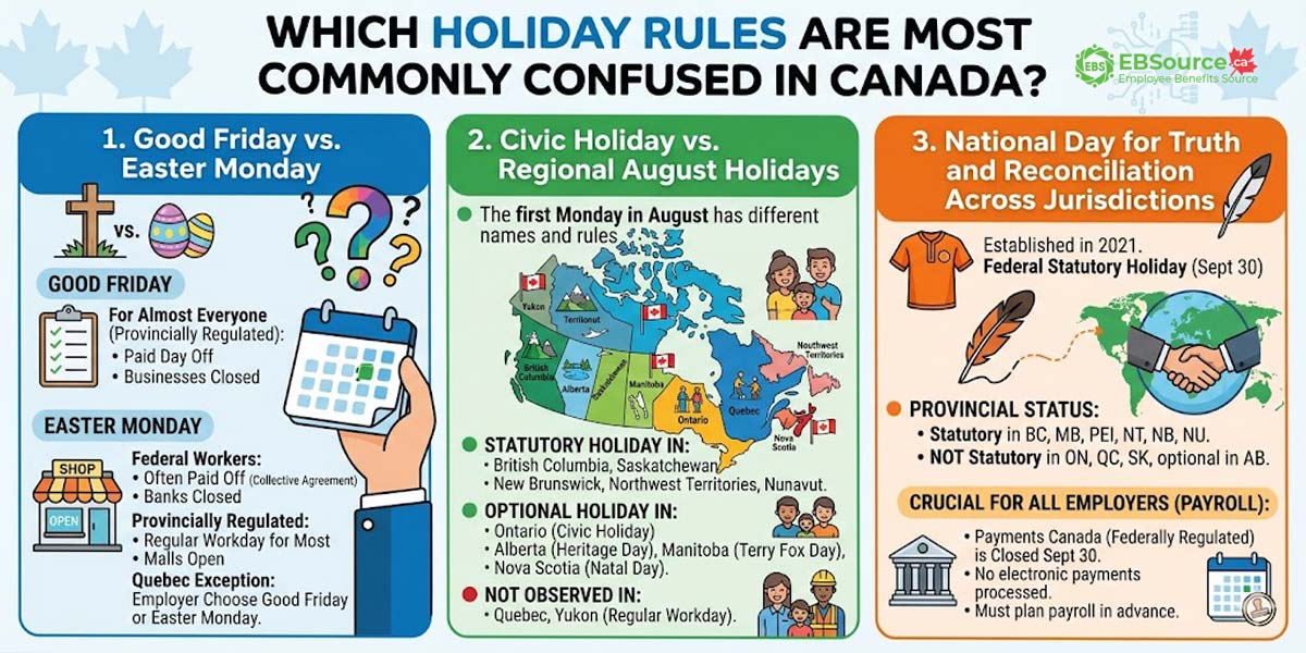 Statutory Holidays in Canada often cause confusion when holidays look the same but follow different rules